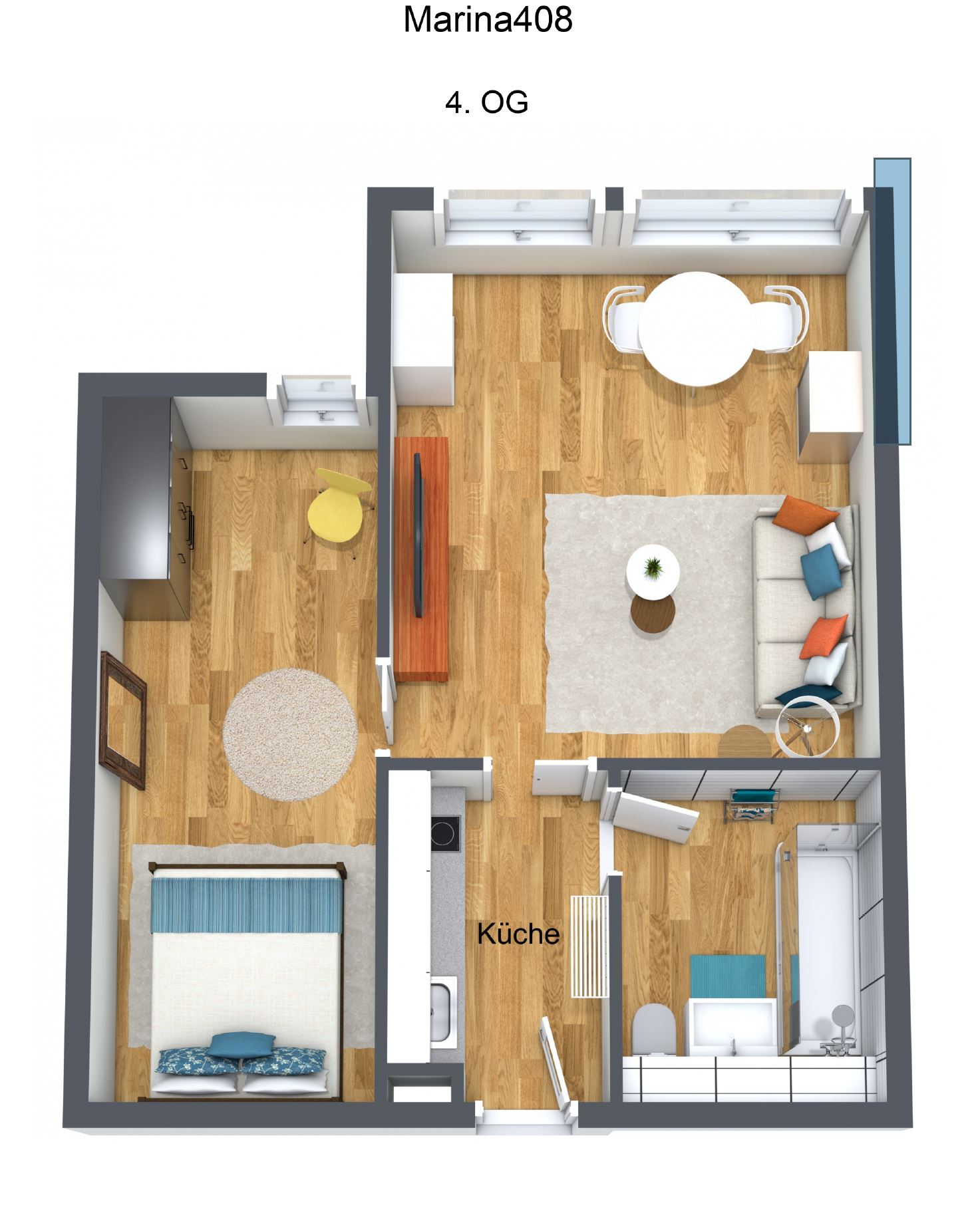 3D-Grundriss Grundriss einer Wohnung mit Wohnbereich, Schlafzimmer und Küche. Holzfußboden und moderne Möbel.