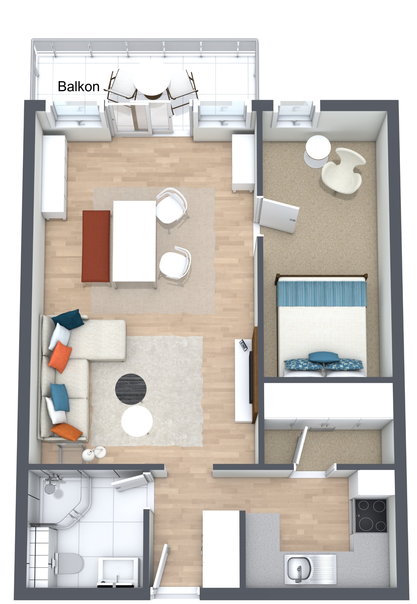3D-Grundriss Wohnungsgrundriss mit Wohnzimmer, Schlafzimmer, Küche und Bad. Möbel angeordnet.
